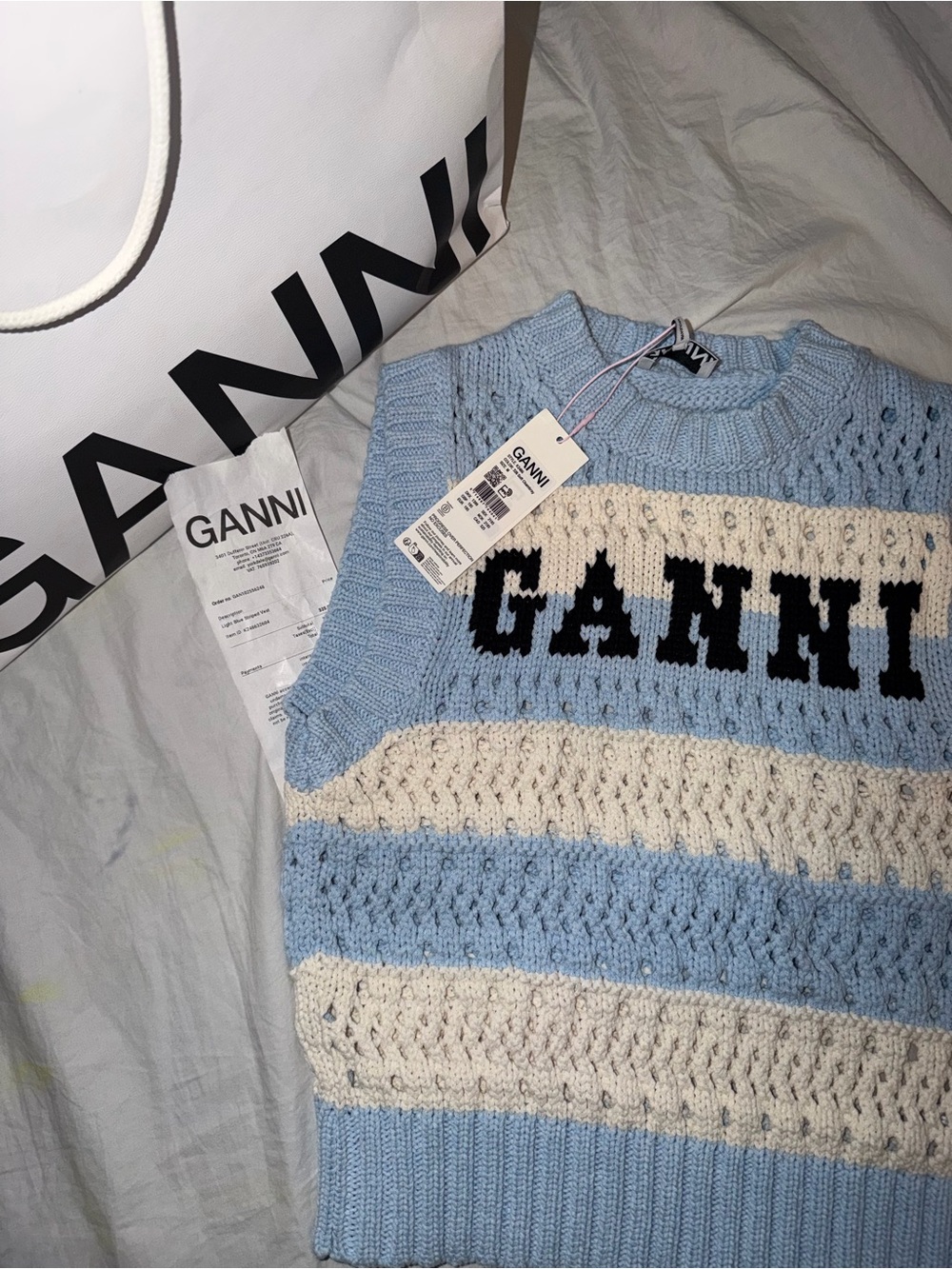 Ganni Blue, Cream & Black Striped Knit Sweater Vest